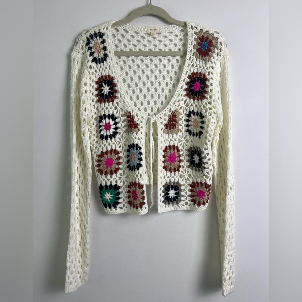 Debut‎ Large Cream Crochet Knit Colorful Patchwork Open Sweater Bohemian